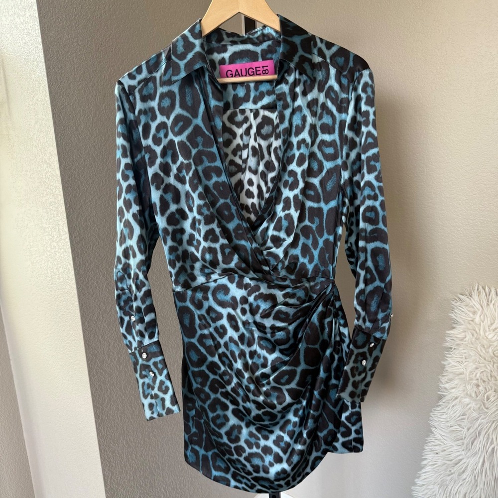 Gauge81 Naha Short Silk Dress in Blue Leopard Women's‎ Size S Revolve